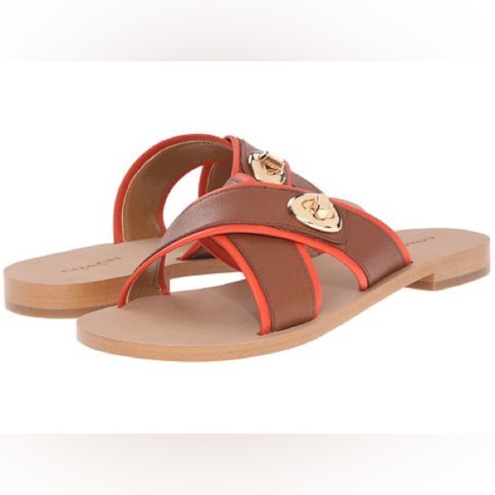 NEARLY NEW! COACH A00371 CORAL TURNLOCK LEATHER SLIDES